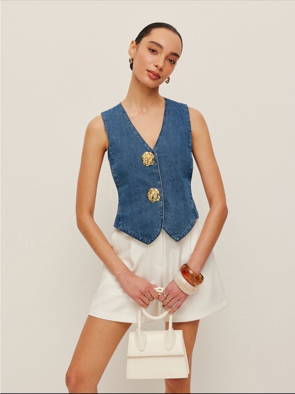 Commense Blue Denim V-Neck Button Vest